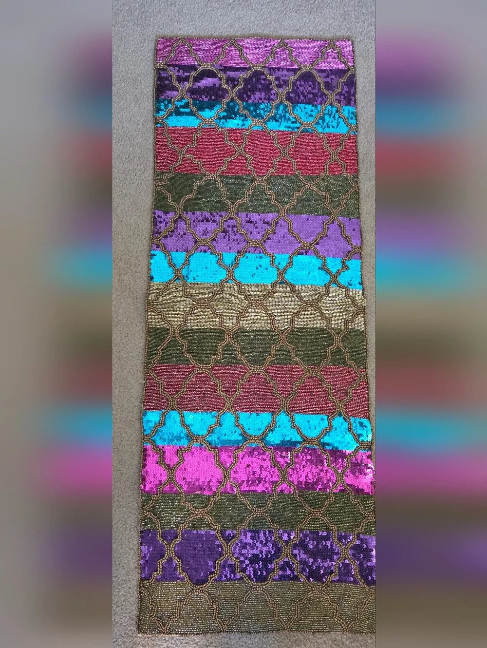 Vintage Pier 1 Imports Beaded & Sequined Table Runner 36X13 Vibrant Color block